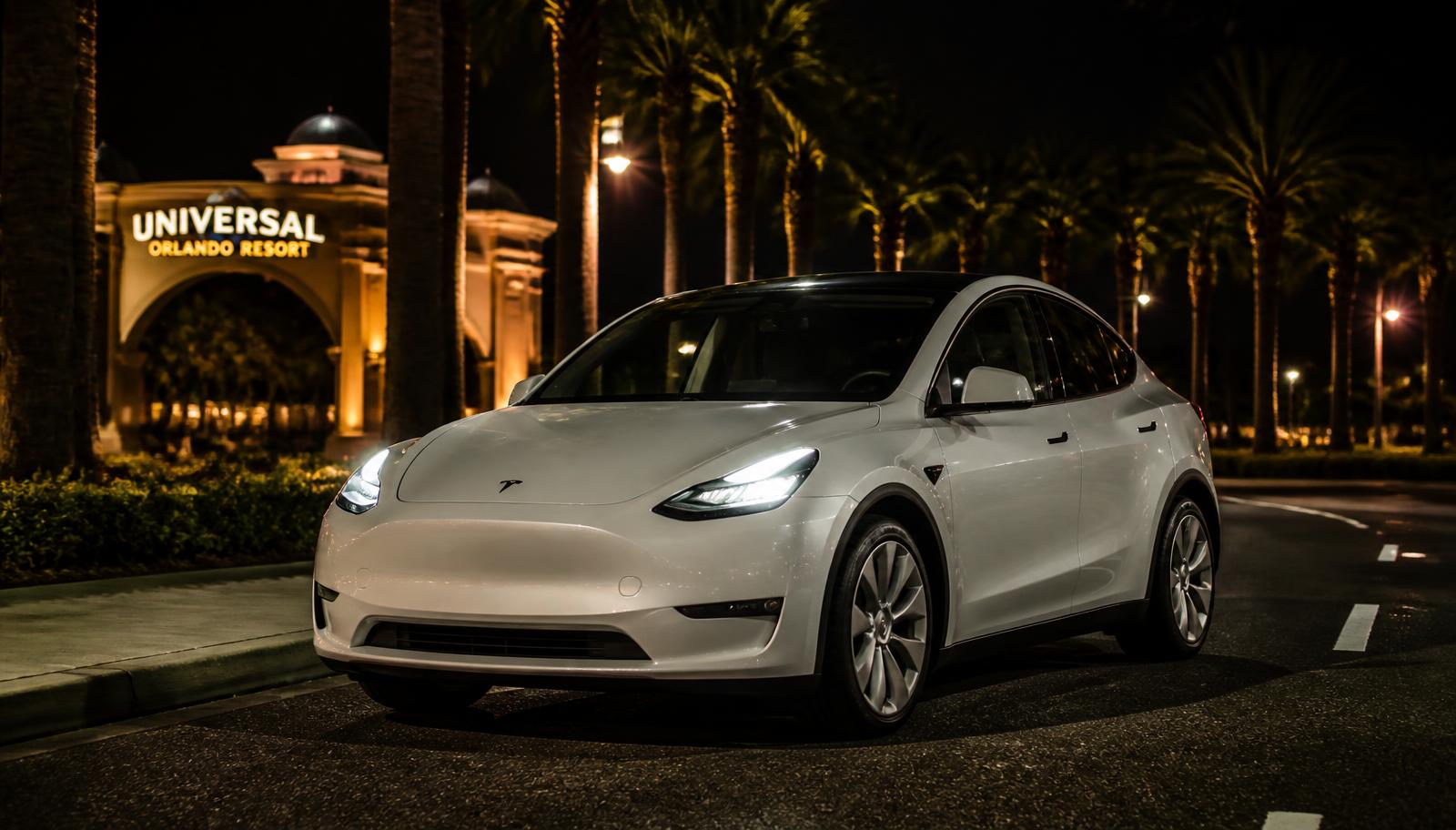 White Tesla parked on a palm-lined Orlando road at night